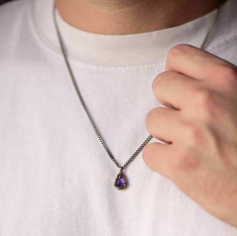 Amethyst Anhänger Männer Oxidiertes Silber - Lila Edelstein Halskette Brutalist Weihnachtsgeschenk Für Ihn Sn00044 001 von KyklosWorkshop