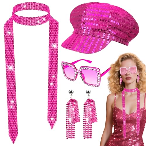 Kyndara Abba-Kostüm für Damen, rosa 1970er-Jahre, Disco-Kostüm-Zubehör-Set mit Paillettenhut, glitzernd, Sonnenbrille, Ohrringen, Schal für Erwachsene, Retro, 70er-Jahre-Party, Tanz, 4-teilig Kyndara Abba-Kostüm für Damen, rosa 1970er-Jahre, Disco-Kostüm-Zubehör-Set mit Paillettenhut, glitzernd, Sonnenbrille, Ohrringen, Schal für Erwachsene, Retro, 70er-Jahre-Party, Tanz, 4-teilig von Kyndara