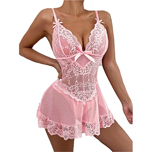 Heißes Nachthemd für Damen - Durchsichtiges Nachtwäsche-Set aus Spitze mit String-Rock - Sexy Dessous-Kleid für Frauen (Rosa,L) von KyneLit