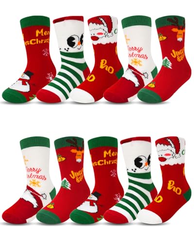 Kyopp 10 Paar Socken Kinder Mädchen Funny Socken Weihnachts-Schneemann Cotton Socken mit motiv Crew Socks 21-37 von Kyopp
