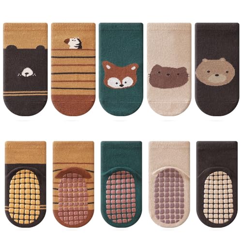 Kyopp 5 Paar Stoppersocken Baby Kleinkinder ABS rutschfeste Socken Tiermotive Kindersocken Animals Baumwolle Crew Socks von Kyopp