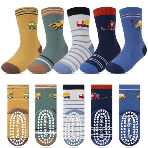 Kyopp 5 Paar Stoppersocken Kinder Baumwolle Socken Jungen Mädchen ABS Anti Rutsch Socken Tiermotive 25-37EU（Colourblocking-Auto M） von Kyopp