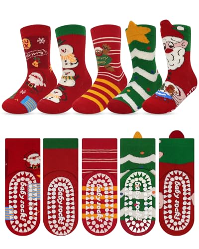 Kyopp 5 Paar Stoppersocken Kinder Baumwolle Weihnachtsstrümpfe Jungen Mädchen Socken ABS Anti Rutsch Weihnachtlichesocken von Kyopp