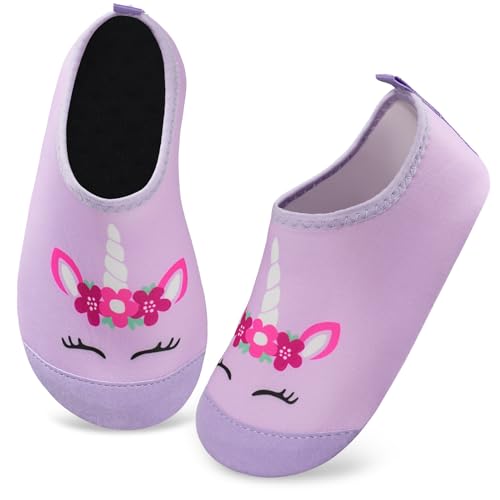 Kyopp Badeschuhe Wasserschuhe Kinder Mädchen Jungen Aqua Barfuss Non-Slip für Meer Schwimm Surf Strand Baby (2024-Abstraktes Einhorn-Lila 20/21 EU) von Kyopp