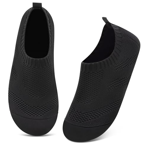 Kyopp Hausschuhe Damen Herren Atmungsaktive Rutschfest Hüttenschuhe Gummisohle Leichte Bequem Pantoffeln Slip on Stricken Barfußschuhe Slippers（Schwarz42/43EU） von Kyopp