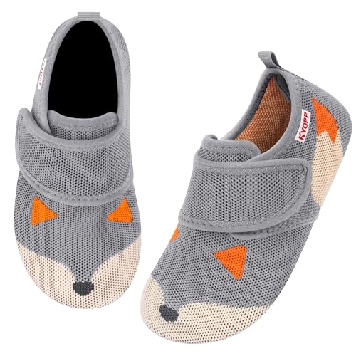 Kyopp Hausschuhe Kinder Barfussschuhe Klettverschluss für Jungen Mädchen Atmungsaktive Breite Pantoffeln Rutschfest Kindergarten Slippers(Fuchss Grau, 32/33EU) von Kyopp