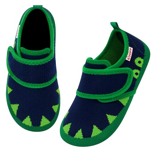 Kyopp Hausschuhe Kinder Barfussschuhe Klettverschluss für Jungen Mädchen Atmungsaktive Breite Pantoffeln Rutschfest Kindergarten Slippers(Krokodil Tiefgrün, 32/33EU) von Kyopp