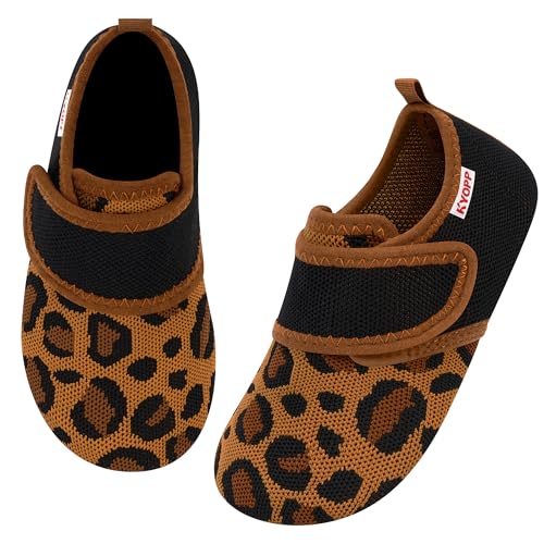 Kyopp Hausschuhe Kinder Barfussschuhe Klettverschluss für Jungen Mädchen Atmungsaktive Breite Pantoffeln Rutschfest Kindergarten Slippers(Leopardenmuster Braun, 30/31EU) von Kyopp