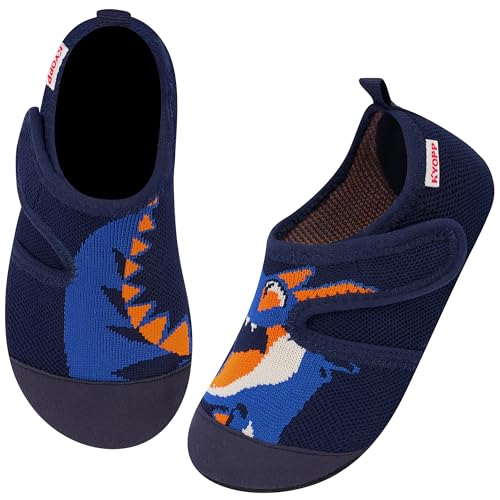 Kyopp Hausschuhe Kinder Junge Klettverschluss Schuhe Mädchen Pantoffeln Rutschfest Slippers für Atmungsaktive Weich Kleinkinder Schuhe(Dinosaurier Dunkelblau 24/25EU) von Kyopp