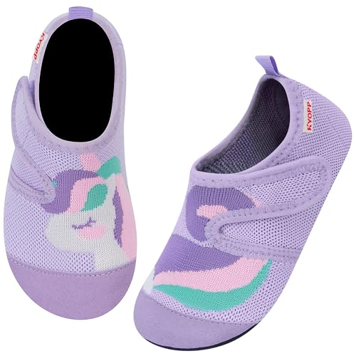 Kyopp Hausschuhe Kinder Junge Klettverschluss Schuhe Mädchen Pantoffeln Rutschfest Slippers für Atmungsaktive Weich Kleinkinder Schuhe(Einhorn Lila 26/27EU) von Kyopp