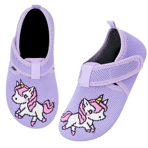 Kyopp Hausschuhe Kinder Junge Klettverschluss Schuhe Mädchen Pantoffeln Rutschfest Slippers für Atmungsaktive Weich Lauflernschuhe Kleinkinder Schuhe(Einhorn Lila 24/25EU) von Kyopp