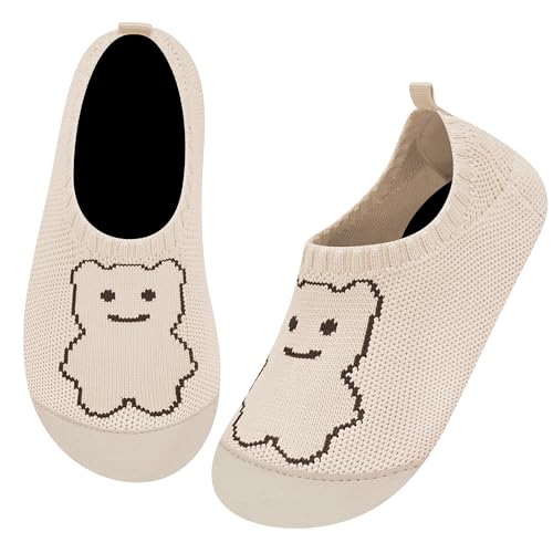 Kyopp Hausschuhe Kinder Junge Mädchen Atmungsaktives Rutschfeste Pantoffeln Baby Kindergarten Schuhe Barfussschuhe Slippers(Beige Bär 34/35EU) von Kyopp