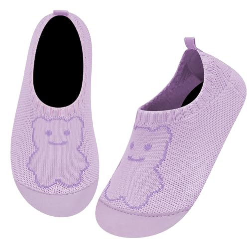 Kyopp Hausschuhe Kinder Junge Mädchen Atmungsaktives Rutschfeste Pantoffeln Baby Kindergarten Schuhe Barfussschuhe Slippers(Lila Bär 22/23EU) von Kyopp