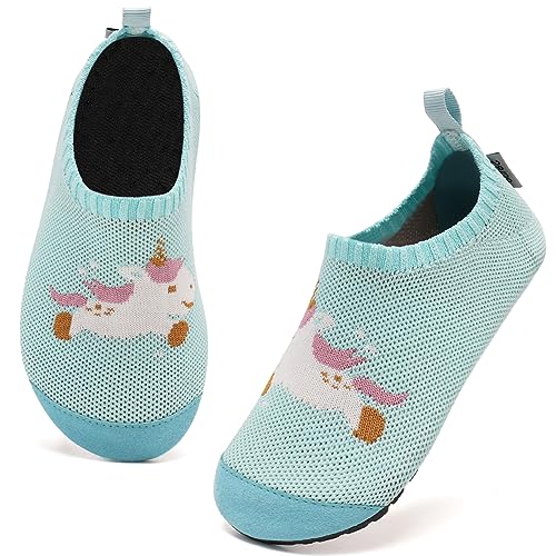 Kyopp Hausschuhe Kinder Junge Mädchen Kleinkinder Schuhe Barfussschuhe für Lauflernschuhe Kindergarten Pantoffeln Atmungsaktive rutschfest Weich (Blau Einhorn 22/23EU) von Kyopp