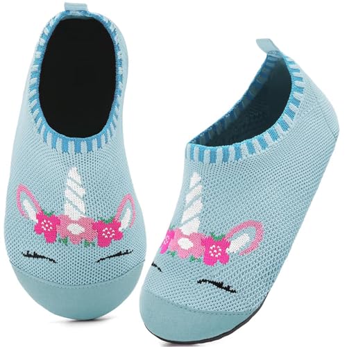 Kyopp Hausschuhe Kinder Junge Mädchen Pantoffeln Atmungsaktive Rutschfest Turnschläppchen Weich Barfussschuhe für Lauflernschuhe Kindergarten Slippers Gr.20-35 (Einhorn Blau 28/29EU) von Kyopp