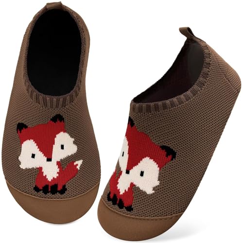 Kyopp Hausschuhe Kinder Junge Mädchen Pantoffeln Atmungsaktive Rutschfest Turnschläppchen Weich Barfussschuhe für Lauflernschuhe Kindergarten Slippers Gr.20-35 (Fuchs Dunkle Kaffeefarbe 32/33EU) von Kyopp