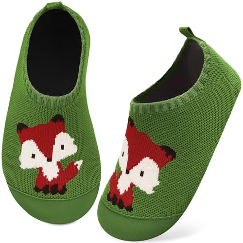 Kyopp Hausschuhe Kinder Junge Mädchen Pantoffeln Atmungsaktive Rutschfest Turnschläppchen Weich Barfussschuhe für Lauflernschuhe Kindergarten Slippers Gr.20-35 (Fuchs Grün 20/21EU) von Kyopp