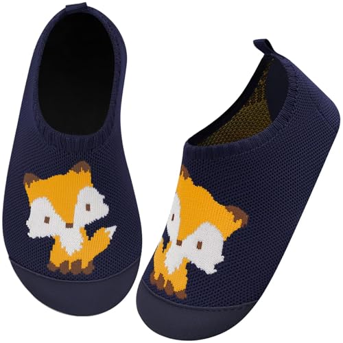 Kyopp Hausschuhe Kinder Junge Mädchen Pantoffeln Atmungsaktive Rutschfest Turnschläppchen Weich Barfussschuhe für Lauflernschuhe Kindergarten Slippers Gr.20-35 (Fuchs Marineblau 24/25EU) von Kyopp