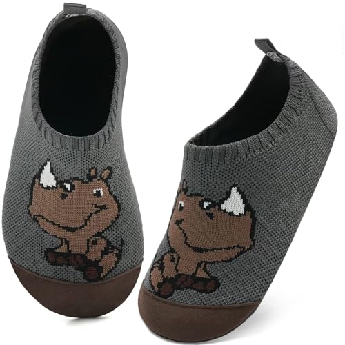 Kyopp Hausschuhe Kinder Junge Mädchen Pantoffeln Atmungsaktive Rutschfest Turnschläppchen Weich Barfussschuhe für Lauflernschuhe Kindergarten Slippers Gr.20-35 (Nashorn Dunkelgrau 24/25EU) von Kyopp