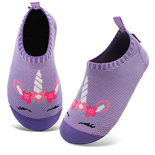 Kyopp Hausschuhe Kinder Junge Mädchen Pantoffeln Atmungsaktive Rutschfest Weich Barfussschuhe für Lauflernschuhe Kleinkinder Schuhe Kindergarten Unisex (Einhorn Lila 24/25EU) von Kyopp