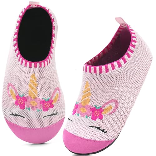 Kyopp Hausschuhe Kinder Junge Mädchen Pantoffeln Atmungsaktive Rutschfest Weich Barfussschuhe für Lauflernschuhe Kleinkinder Schuhe Kindergarten Unisex (Einhorn Rosa(Abstrakt) 36/37EU) von Kyopp
