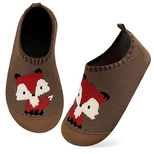 Kyopp Hausschuhe Kinder Junge Mädchen Pantoffeln Atmungsaktive Rutschfest Weich Barfussschuhe für Lauflernschuhe Kleinkinder Schuhe Kindergarten Unisex (Fuchs Dunkle Kaffeefarbe 22/23EU) von Kyopp