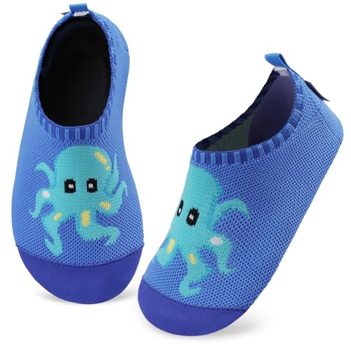 Kyopp Hausschuhe Kinder Junge Mädchen Pantoffeln Atmungsaktive rutschfest Weich Barfussschuhe für Lauflernschuhe Kleinkinder Schuhe Kindergarten Unisex (Oktopus Dunkelblau 20/21EU) von Kyopp