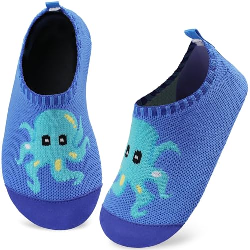 Kyopp Hausschuhe Kinder Junge Mädchen Pantoffeln Atmungsaktive Rutschfest Weich Barfussschuhe für Lauflernschuhe Kleinkinder Schuhe Kindergarten Unisex (Oktopus Dunkelblau 28/29EU) von Kyopp
