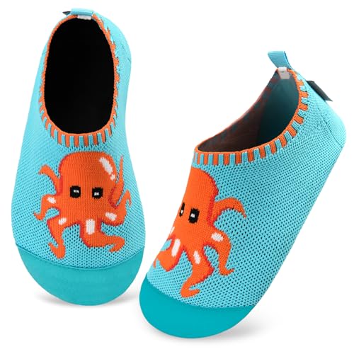 Kyopp Hausschuhe Kinder Junge Mädchen Pantoffeln Atmungsaktive rutschfest Weich Barfussschuhe für Lauflernschuhe Kleinkinder Schuhe Kindergarten Unisex (Oktopus Hellblau 20/21EU) von Kyopp