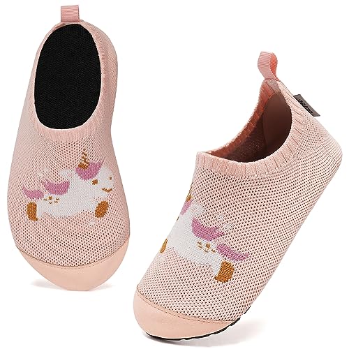 Kyopp Hausschuhe Kinder Junge Mädchen Pantoffeln Atmungsaktive Rutschfest Weich Barfussschuhe für Lauflernschuhe Kleinkinder Schuhe Kindergarten Unisex (Rosa Einhorn 22/23EU) von Kyopp