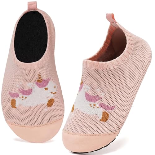 Kyopp Hausschuhe Kinder Junge Mädchen Pantoffeln Atmungsaktive Rutschfest Weich Barfussschuhe für Lauflernschuhe Kleinkinder Schuhe Kindergarten Unisex (Rosa Einhorn 24/25EU) von Kyopp