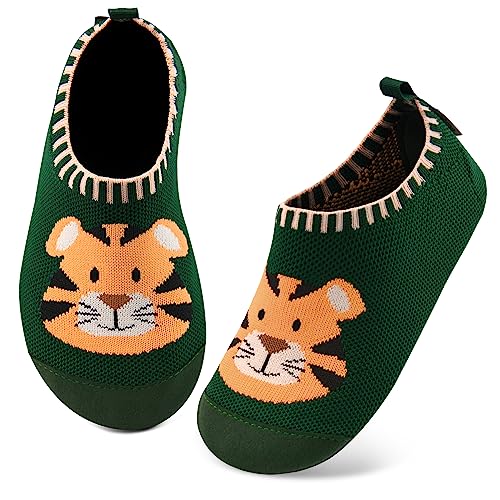 Kyopp Hausschuhe Kinder Junge Mädchen Pantoffeln rutschfest Barfussschuhe Kindergarten Slippers für Atmungsaktive Weich Lauflernschuhe Kleinkinder Schuhe(Tiger-Grün 22/23EU) von Kyopp