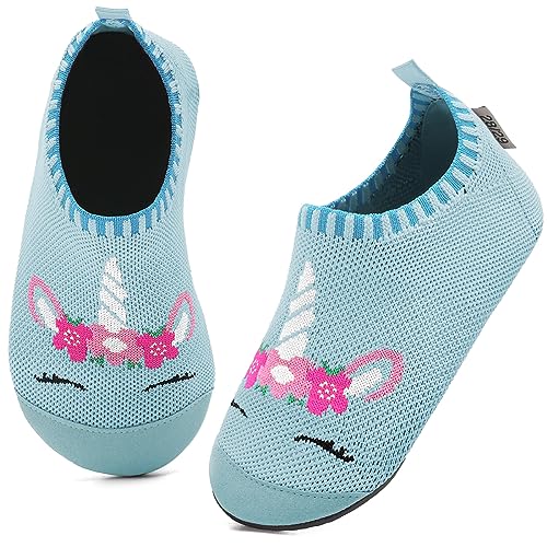 Kyopp Hausschuhe Kinder Junge Mädchen Pantoffeln Atmungsaktive Rutschfest Weich Barfussschuhe für Lauflernschuhe Kleinkinder Schuhe Kindergarten Unisex (Einhorn Blau 24/25EU) von Kyopp