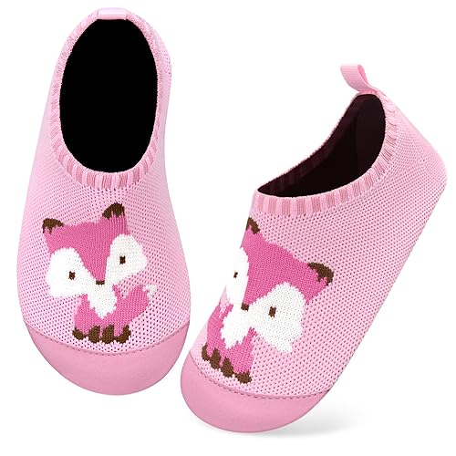 Kyopp Hausschuhe Kinder Junge Mädchen Pantoffeln Atmungsaktive rutschfest Weich Barfussschuhe für Lauflernschuhe Kleinkinder Schuhe Kindergarten Unisex (Fuchs Rosa 26/27EU) von Kyopp