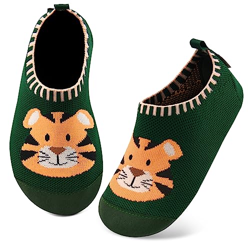 Kyopp Hausschuhe Kinder Junge Mädchen Pantoffeln Rutschfest Barfussschuhe Kindergarten Slippers für Atmungsaktive Weich Lauflernschuhe Kleinkinder Schuhe(Tiger-Grün 36/37EU) von Kyopp