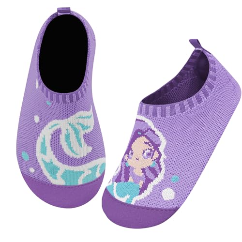 Kyopp Hausschuhe Kinder Junge Mädchen Pantoffeln Rutschfest Barfussschuhe Kindergarten Slippers für Atmungsaktive Weich Lauflernschuhe Kleinkinder Schuhe(Meerjungfrau-Violett 32/33EU) von Kyopp