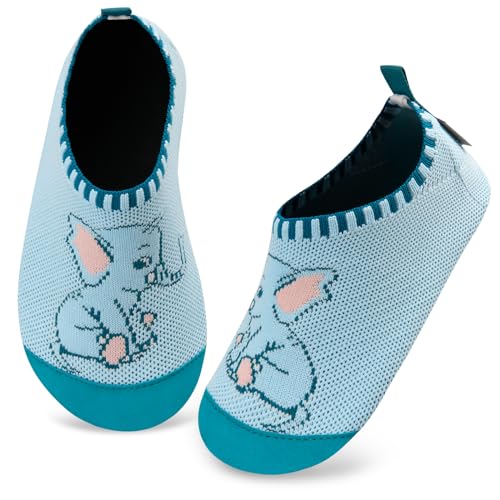 Kyopp Hausschuhe Kinder Junge Mädchen Pantoffeln rutschfest Barfussschuhe Kindergarten Slippers für Atmungsaktive Weich Lauflernschuhe Kleinkinder Schuhe(Elephant-See Blue 30/31EU) von Kyopp