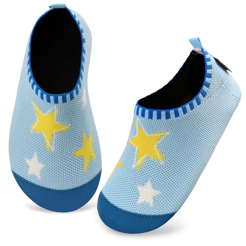 Kyopp Hausschuhe Kinder für Junge mädchen Atmungsaktive Hüttenschuhe Barfußschuhe Kinder Rutschfest Pantoffeln (Sterne-Hellblau 24/25EU) von Kyopp