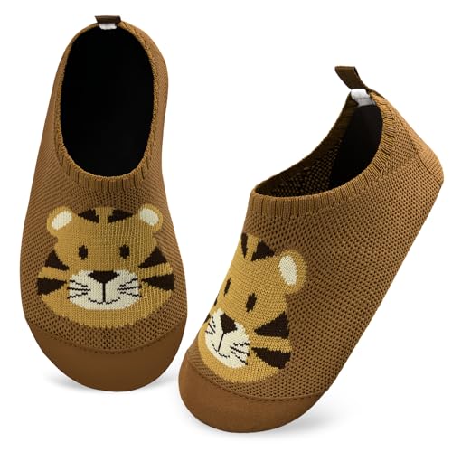 Kyopp Hausschuhe Kinder Junge Mädchen Pantoffeln rutschfest Barfussschuhe Kindergarten Slippers für Atmungsaktive Weich Lauflernschuhe Kleinkinder Schuhe(Tiger-Curry 22/23EU) von Kyopp