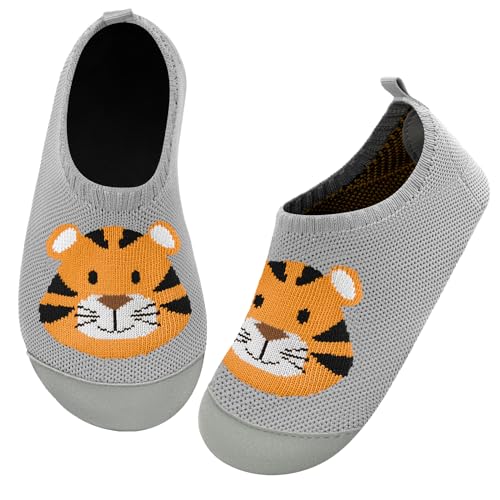 Kyopp Hausschuhe Kinder Junge Mädchen Pantoffeln rutschfest Barfussschuhe Kindergarten Slippers für Atmungsaktive Weich Lauflernschuhe Kleinkinder Schuhe(Tiger-Hellgrau 20/21EU) von Kyopp