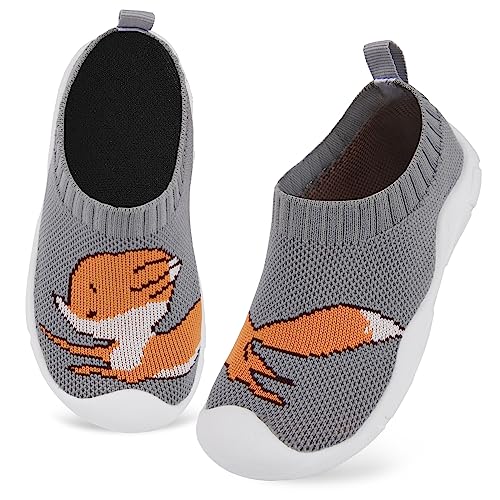 Kyopp Hausschuhe Kinder Lauflernschuhe Junge Mädchen Rutschfest Weich Barfussschuhe Atmungsaktive Babys Slipper Kindergarten Pantoffeln(Fuchs Grau 22EU) von Kyopp