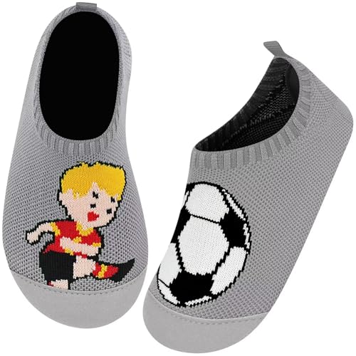 Kyopp Hausschuhe Kinder für Junge mädchen Atmungsaktive Hüttenschuhe Barfußschuhe Kinder Rutschfest Pantoffeln (Fußball-Junge Grau 36/37EU) von Kyopp