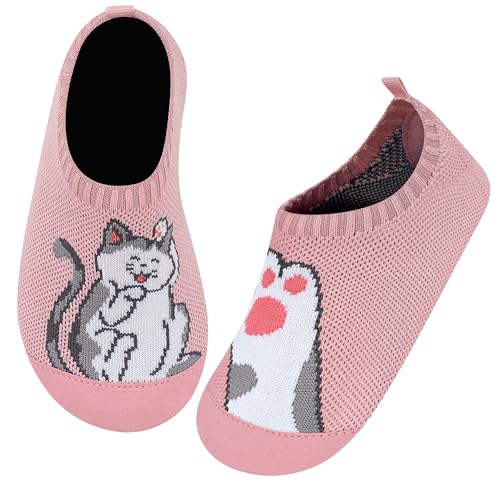 Kyopp Hausschuhe Kinder für Junge mädchen Atmungsaktive Hüttenschuhe Barfußschuhe Kinder Rutschfest Pantoffeln (Niedliche Katze 34/35EU) von Kyopp