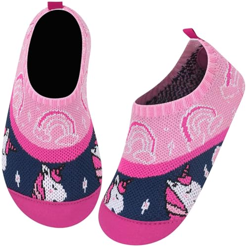 Kyopp Kinder Hausschuhe Junge Mädchen Pantoffeln Aquaschuhe Atmungsaktive Rutschfest Barfussschuhe Slipper Kindergarten Unisex(Regenbögen und Einhorn 26/27 EU) von Kyopp