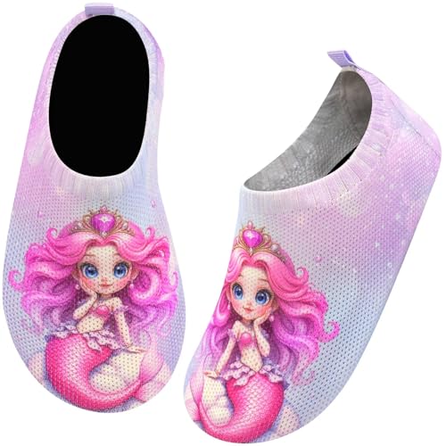 Kyopp Kinder Hausschuhe Junge Mädchen Pantoffeln Aquaschuhe Atmungsaktive Rutschfest Barfussschuhe Slipper Kindergarten Unisex(Rosa Lila Krone Meerjungfrau 26/27 EU) von Kyopp