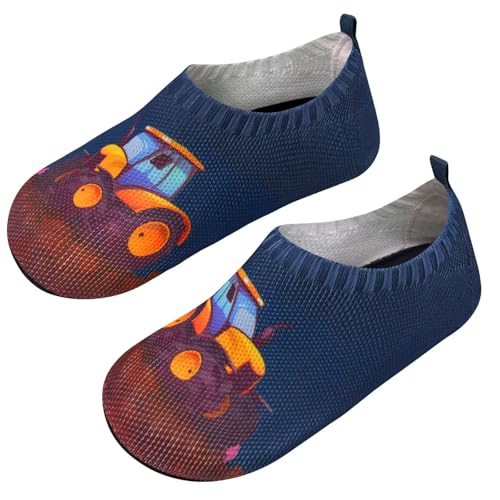 Kyopp Kinder Hausschuhe Junge Mädchen Pantoffeln Aquaschuhe Atmungsaktive Rutschfest Barfussschuhe Slipper Kindergarten Unisex(Traktor/Bagger Dunkelblau 26/27 EU) von Kyopp