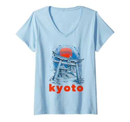 Damen Kyoto Outfit mit Japan Design und Japanischer Tempel Asien T-Shirt mit V-Ausschnitt Damen Kyoto Outfit mit Japan Design und Japanischer Tempel Asien T-Shirt mit V-Ausschnitt von Kyoto Design Bekleidung für Herren Damen Kinder