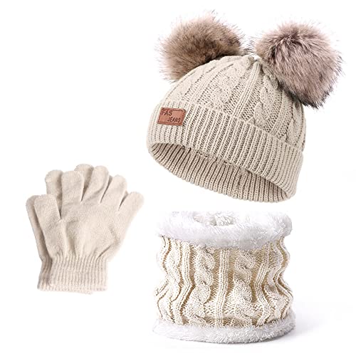 Kyowoll Baby Kinder Winter Dicke Warm Gestrickter Mütze Schal Set mit Fleecefutter Fellbommel - Loop Schal Strickmütze Hat Scarf Set für Mädchen Jungen 1-4 Jahre (Beige) von Kyowoll