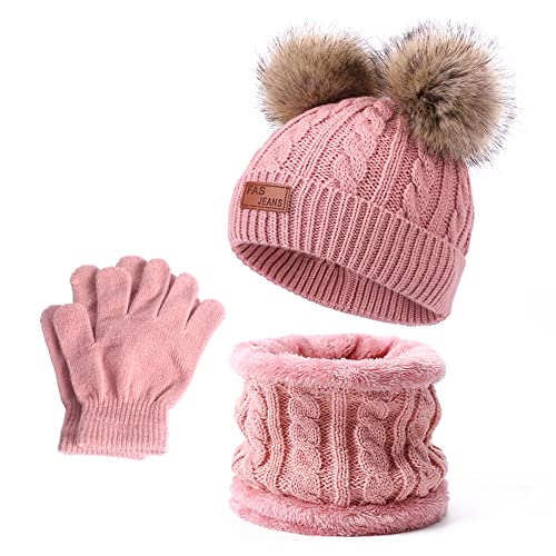 Kyowoll Baby Kinder Winter Dicke Warm Gestrickter Mütze Schal Set mit Fleecefutter Fellbommel - Loop Schal Strickmütze Hat Scarf Set für Mädchen Jungen 1-4 Jahre (Dunkelrosa) von Kyowoll