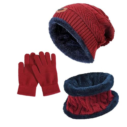 Kyowoll Wintermütze Mütze Schal und Handschuh Set mit Fleecefutter, Strickmütze Skimütze Warme Beanie für Damen und Herren (Rotwein) von Kyowoll